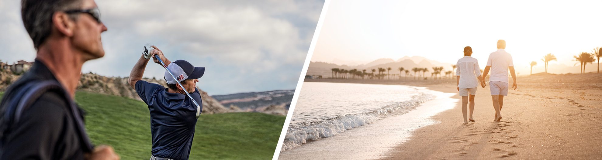 Left image: two men playing golf, one man is swinging his golf club while the other watches; Image two: Couple walking down the beach while a wave rolls in during sunset